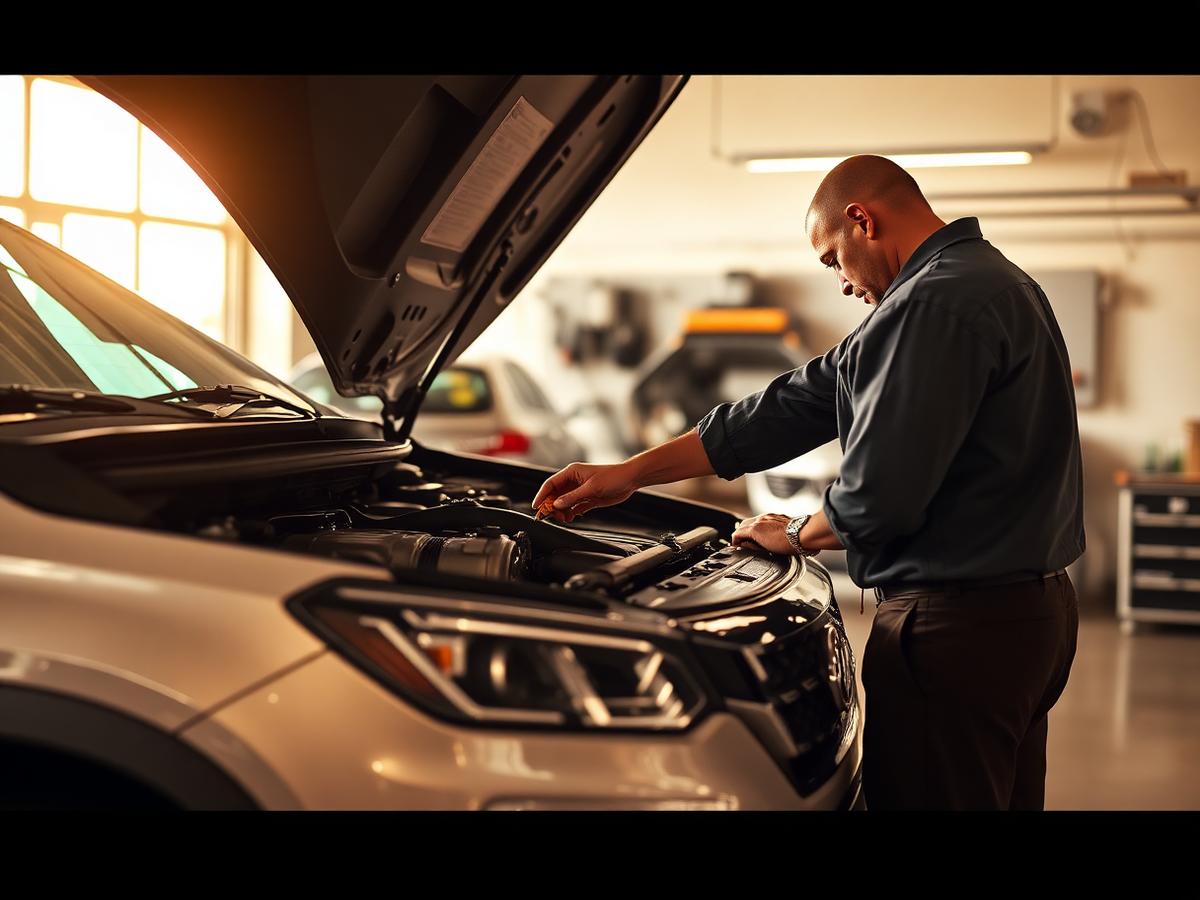 Mechanic checking fluids under the hood of an SUV